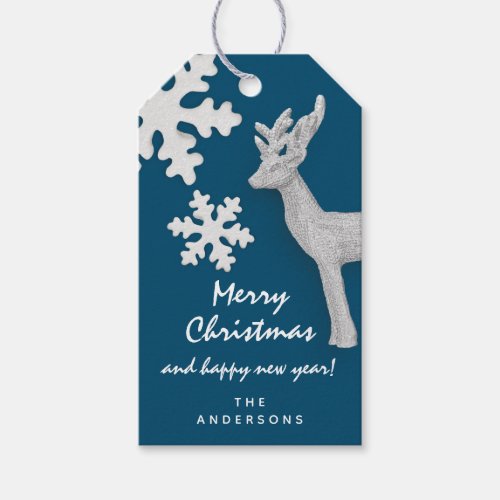 Merry To Holiday Gift Happy NewYear Deer Blue Gray Gift Tags