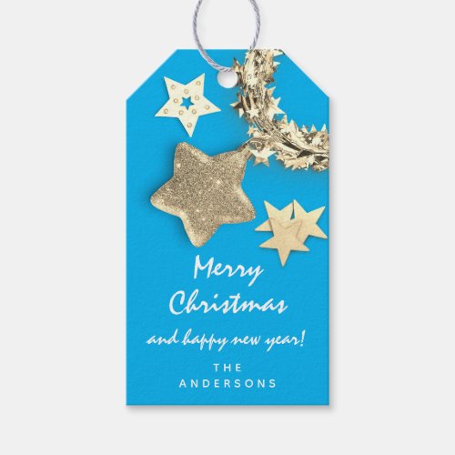 Merry To Holiday Gift Happy Year Blue Wreath Stars Gift Tags