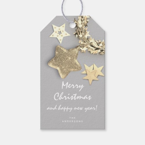 Merry To Holiday Gift Happy Year Gray Wreath Stars Gift Tags