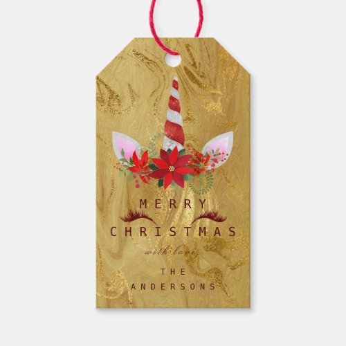 Merry To Holiday Gift Tag Gold Unicorn Red Marble