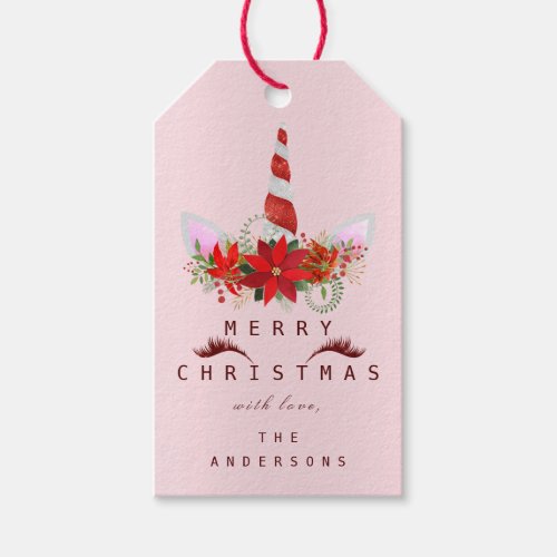 Merry To Holiday Gift Tag  Unicorn Red Pink FLoral