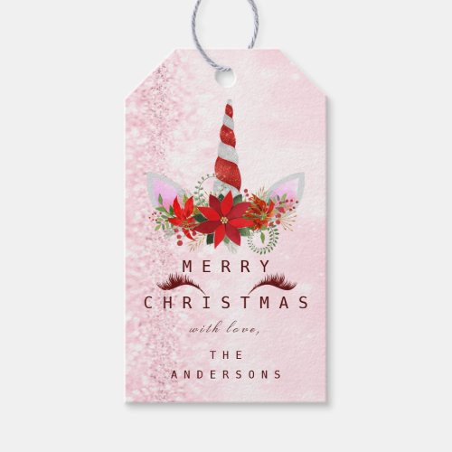 Merry To Holiday Gift Tag Unicorn Red Pink Glitter