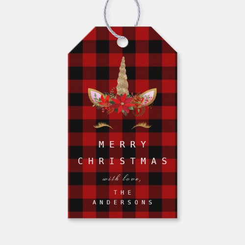 Merry To Holiday Gift Unicorn Gold Plaid Red Gift Tags