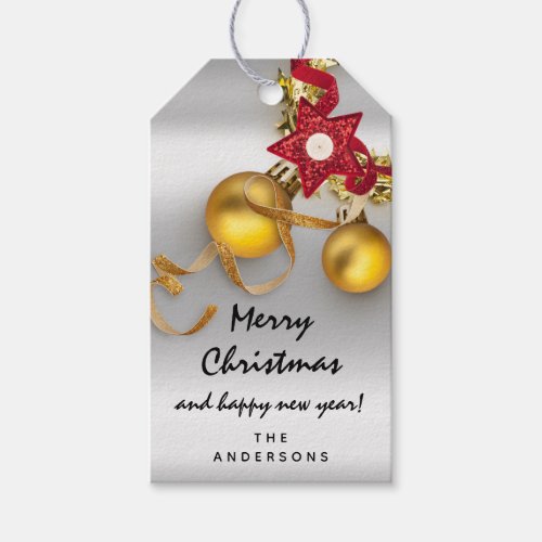 Merry To Holiday Gray Happy Year Wreath Gold Ball Gift Tags