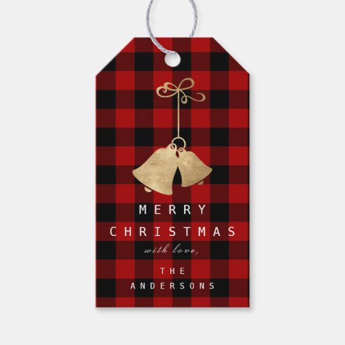 Merry To Holiday Jingle Bells Gold Plaid Red VIP1 Gift Tags