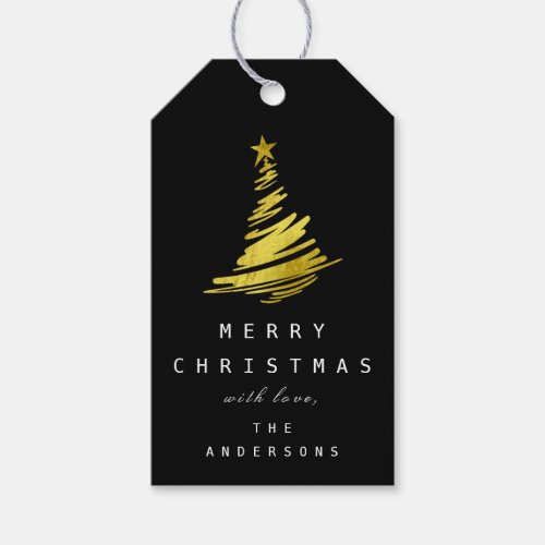 Merry To Name Holiday Christmas Golden Tree Black  Gift Tags