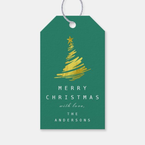 Merry To Name Holiday Christmas Golden Tree Green Gift Tags