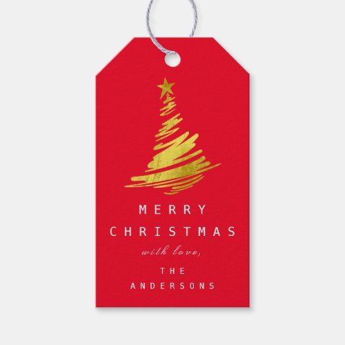 Merry To Name Holiday Christmas Golden Tree Red Gift Tags