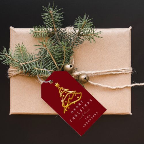 Merry To Name Holiday Christmas Tree Burgundy Gold Gift Tags