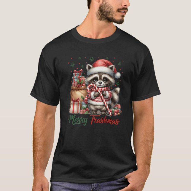 Merry Trashmas Cute Santa Raccoon Lover Candy Cane T-Shirt (Front)