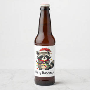 Merry Trashmas Funny Raccoon Christmas Holiday Beer Bottle Label