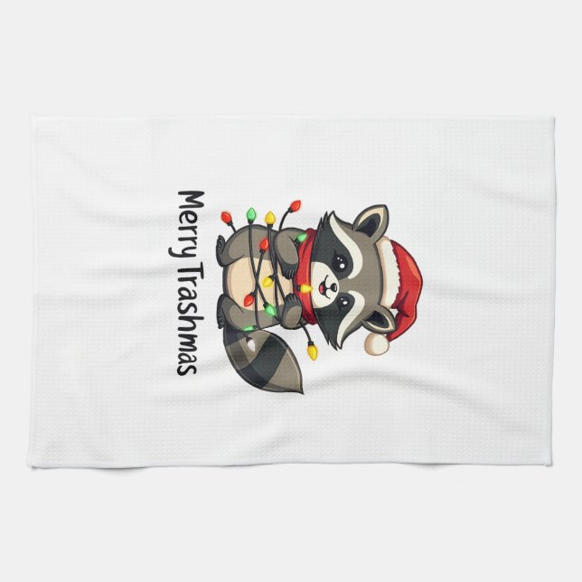 Merry Trashmas Funny Raccoon Christmas Holiday  Kitchen Towel (Horizontal)