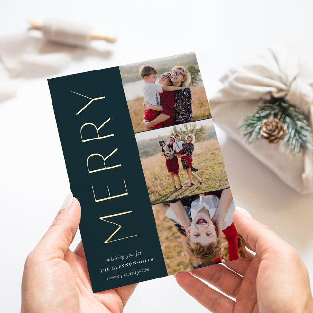 Merry Trio | Modern 3 Photo Collage Foil Holiday Card (Creator Uploaded)