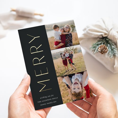 Merry Trio  Modern 3 Photo Collage Foil Holiday Card