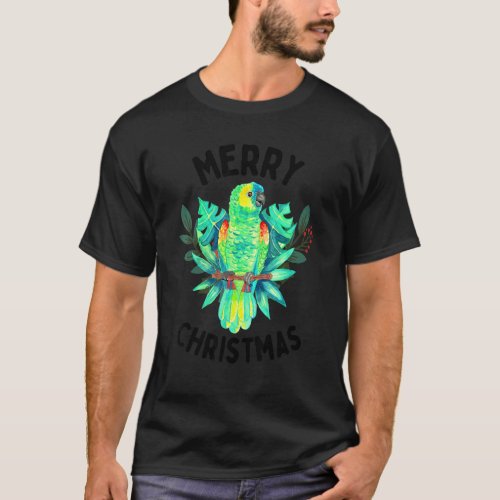 Merry Tropical Christmas Amazon Parrot Watercolor T_Shirt