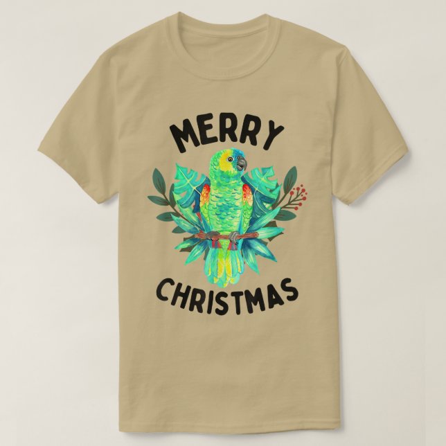 Merry Tropical Christmas Amazon Parrot Watercolor  T-Shirt (Design Front)