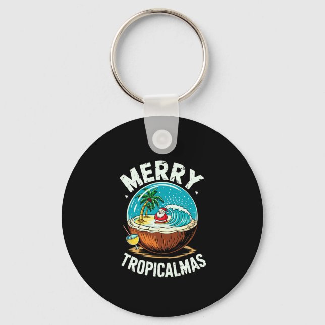Merry Tropicalmas Surfing Santa Snow Globe Coconut Keychain (Front)