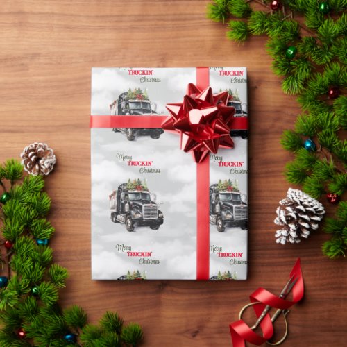Merry Truckin Christmas Black Semi Wrapping Paper