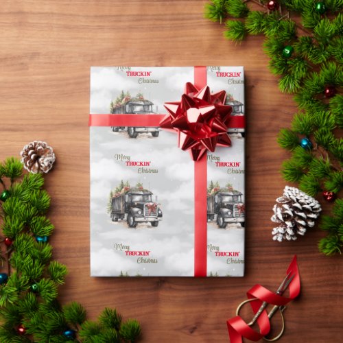 Merry Truckin Christmas Black Semi Wrapping Paper