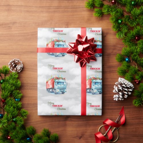 Merry Truckin Christmas Blue Red Semi Wrapping Paper