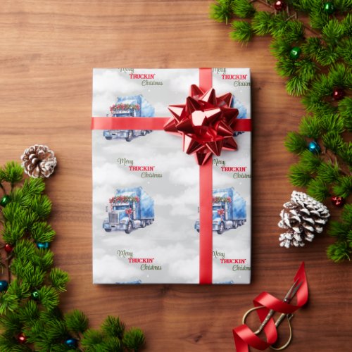 Merry Truckin Christmas Blue Semi Wrapping Paper