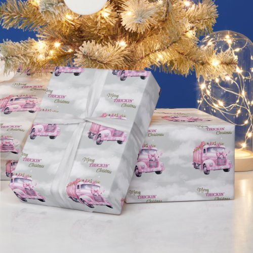 Merry Truckin Christmas Pink Semi Wrapping Paper