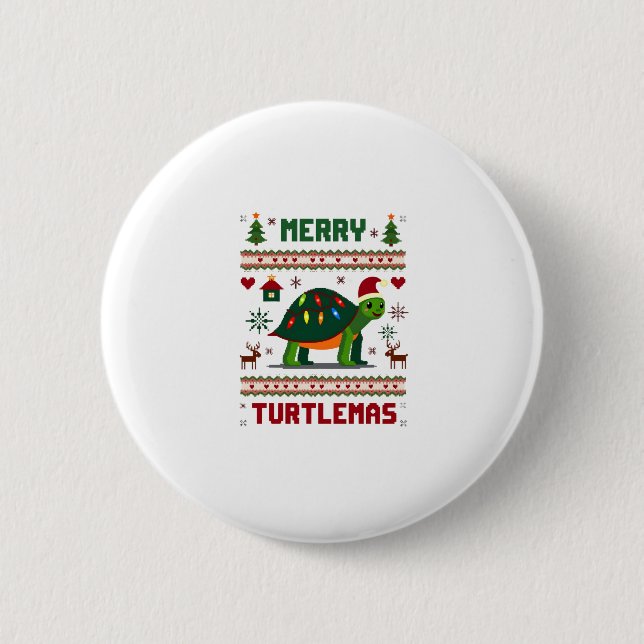 Merry Turtlemas Christmas Lights Cute Turtle Santa Button (Front)
