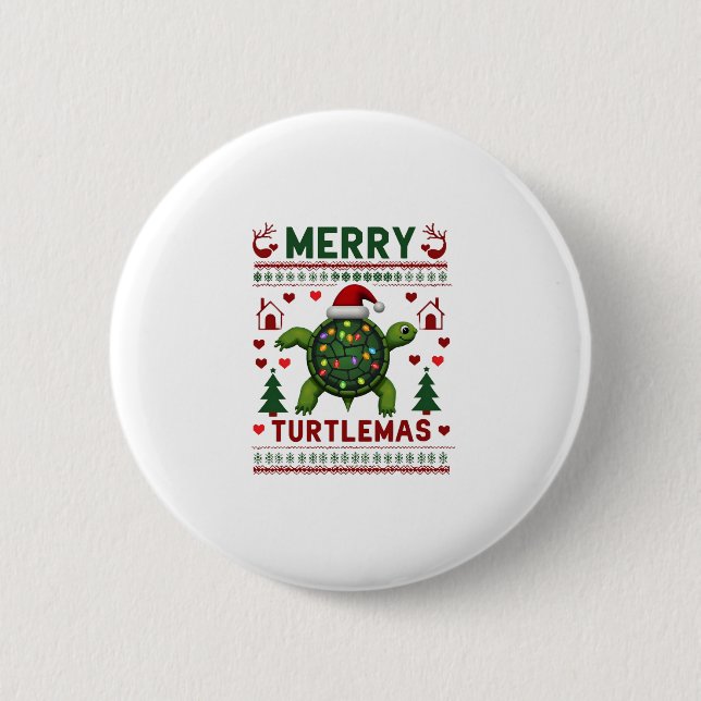Merry Turtlemas Christmas Lights Cute Turtle Santa Button (Front)
