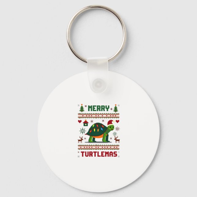 Merry Turtlemas Christmas Lights Cute Turtle Santa Keychain (Front)