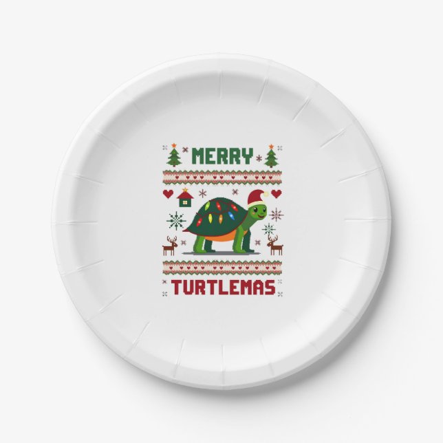 Merry Turtlemas Christmas Lights Cute Turtle Santa Paper Plates (Front)