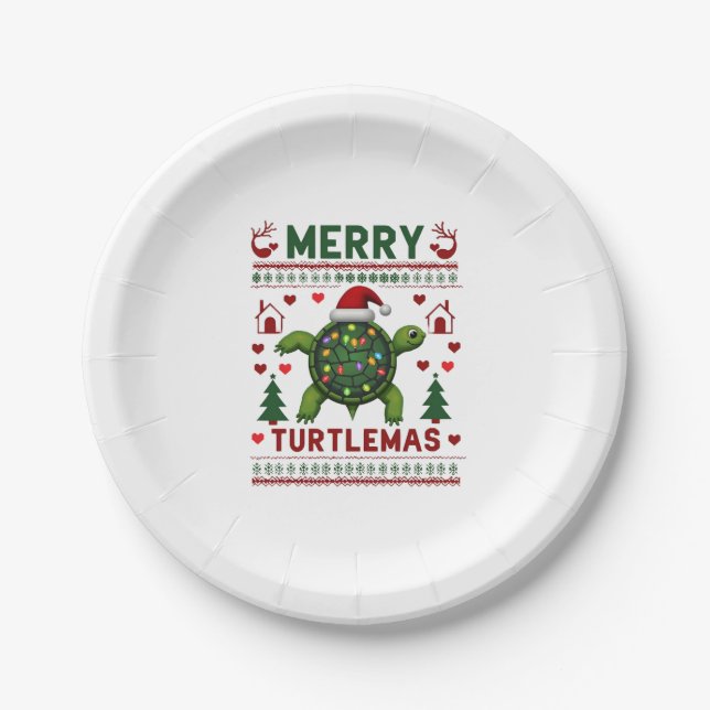 Merry Turtlemas Christmas Lights Cute Turtle Santa Paper Plates (Front)