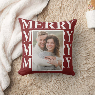 Merry Typography in White and Red Photo Throw Pillow