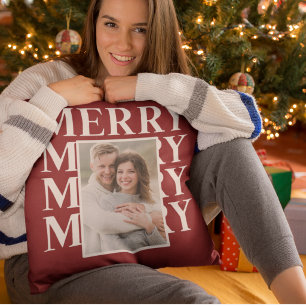 Merry Typography in White and Red Photo Throw Pillow