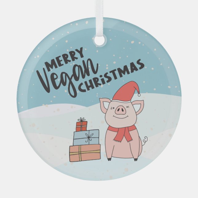 Merry Vegan Christmas cute cartoon piglet & gifts  Glass Ornament (Front)