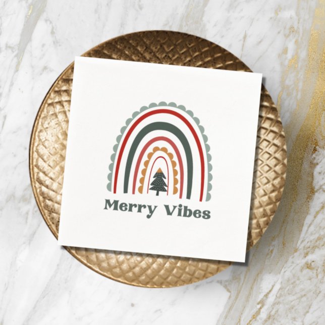 Merry Vibes Boho Rainbow Retro Christmas Party Napkins (Creator Uploaded)