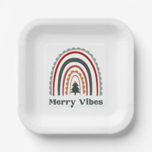 Merry Vibes Boho Rainbow Retro Christmas Party Paper Plates