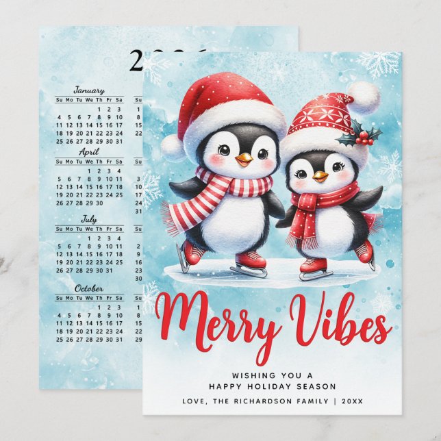 Merry Vibes Cute Penguins Blue Red Christmas Holiday Card (Front/Back)