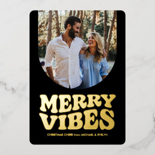 Merry vibes fun retro photo black gold Christmas Foil Holiday Card