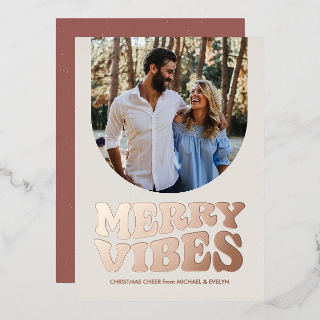 Merry vibes fun retro photo rose gold Christmas Foil Holiday Card (Front/Back)