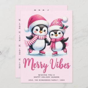 Merry Vibes Ice Skating Penguins Pink Christmas Holiday Card
