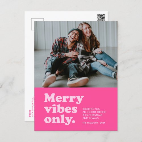 Merry vibes only cute hot pink Christmas photo Holiday Postcard