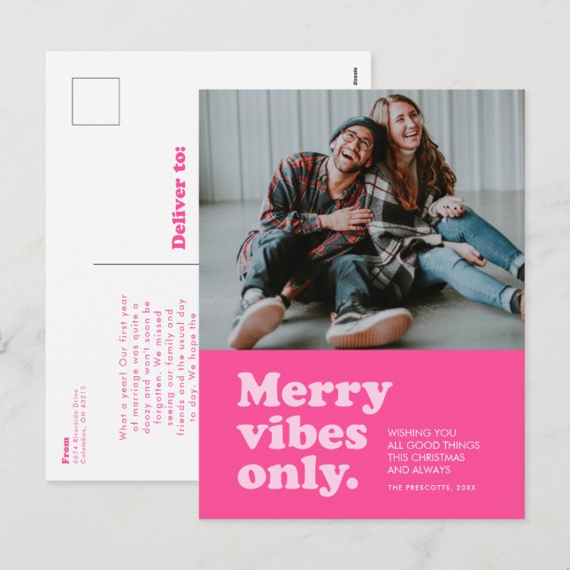Merry vibes only cute hot pink Christmas photo Holiday Postcard (Front/Back)