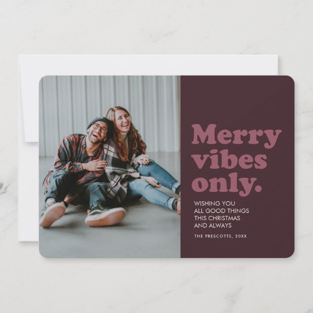 Merry vibes only fun retro holiday photo card (Front)