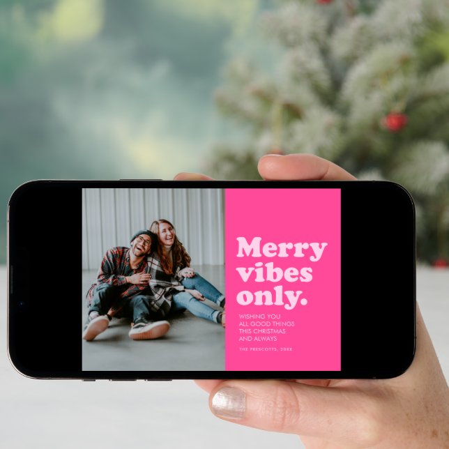 Merry vibes only fun retro hot pink Christmas Holiday Card (Front Digital)