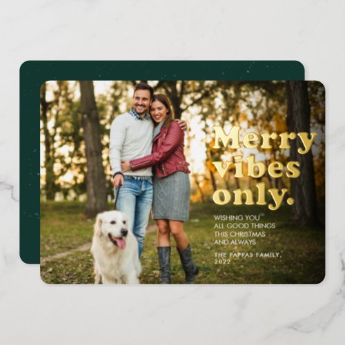 Merry vibes only fun retro one photo Christmas Foil Holiday Card