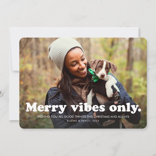 Merry vibes only fun retro one photo holiday card (Front)