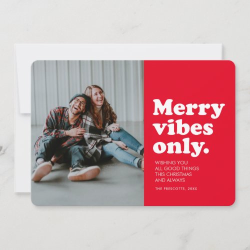 Merry vibes only fun retro red photo holiday card