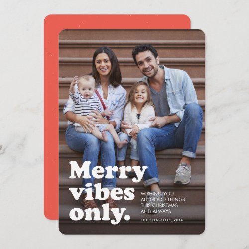 Merry vibes only fun retro vertical photo holiday card