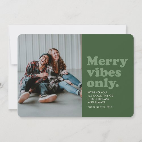Merry vibes only green retro Christmas photo Holiday Card