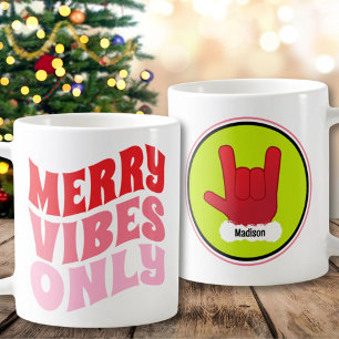 Merry Vibes Only Pink Green Name Cool Christmas Coffee Mug